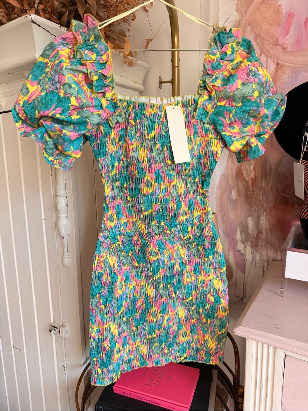 Donneer Par Dieu Floral Smocked Puff-Sleeve Mini Dress in Teal & Yellow